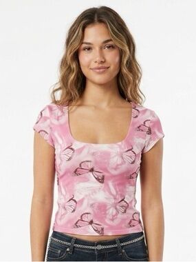 Y2K Orange Kiss Pink Butterfly Scoop Neck Tee